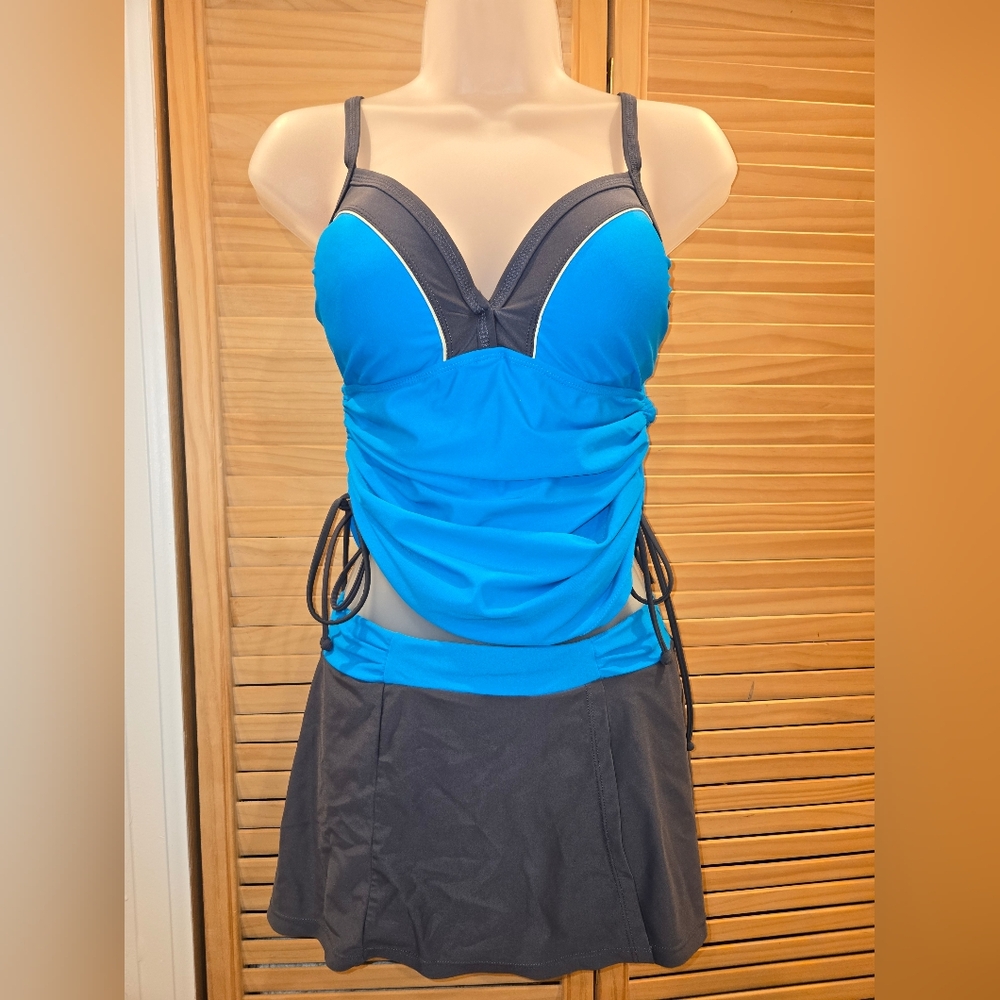 Blue and Grey Women's Swim Top And Skirt